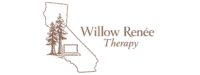 Minimalist line drawing of two redwood trees, a laptop, and the outline of California with the text “Willow Renée Therapy.”